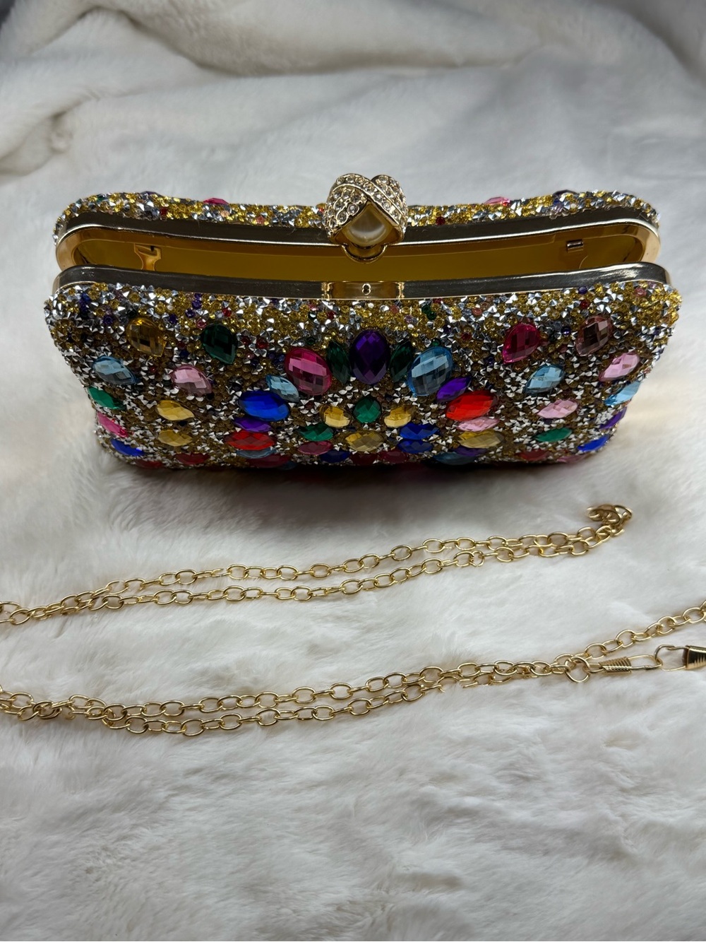 Multicolor Jeweled Evening Clutch with Gold Frame